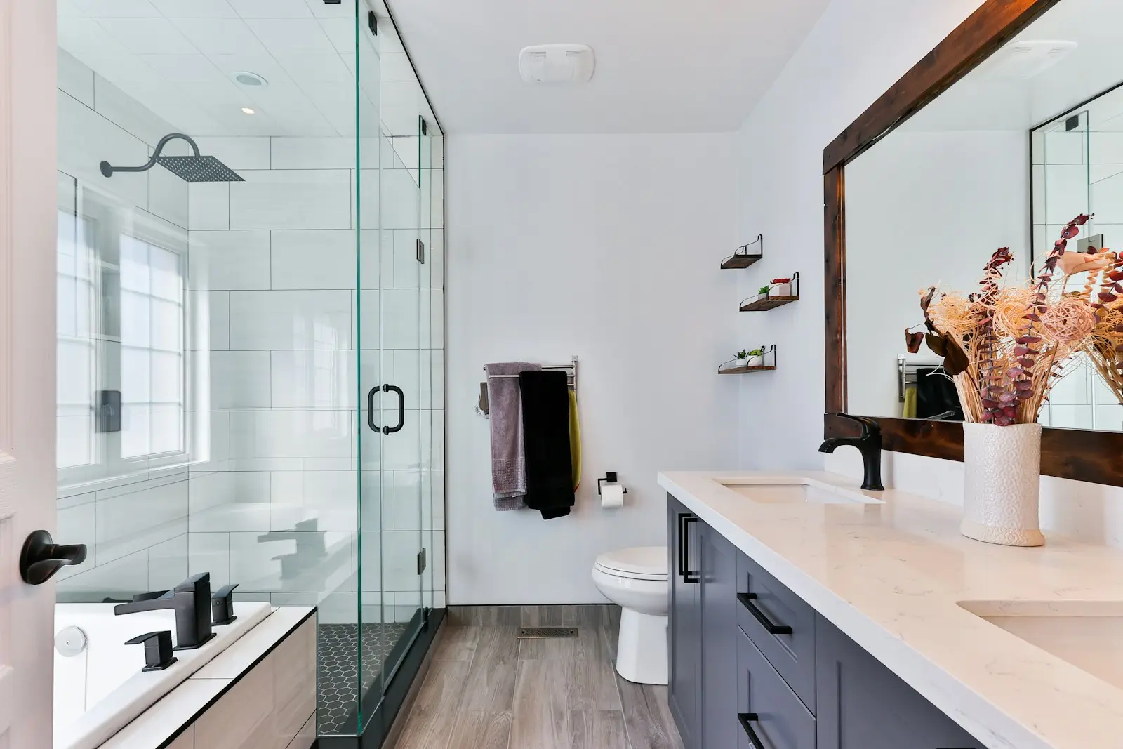 A clean, well-lit residential bathroom. Arlington.