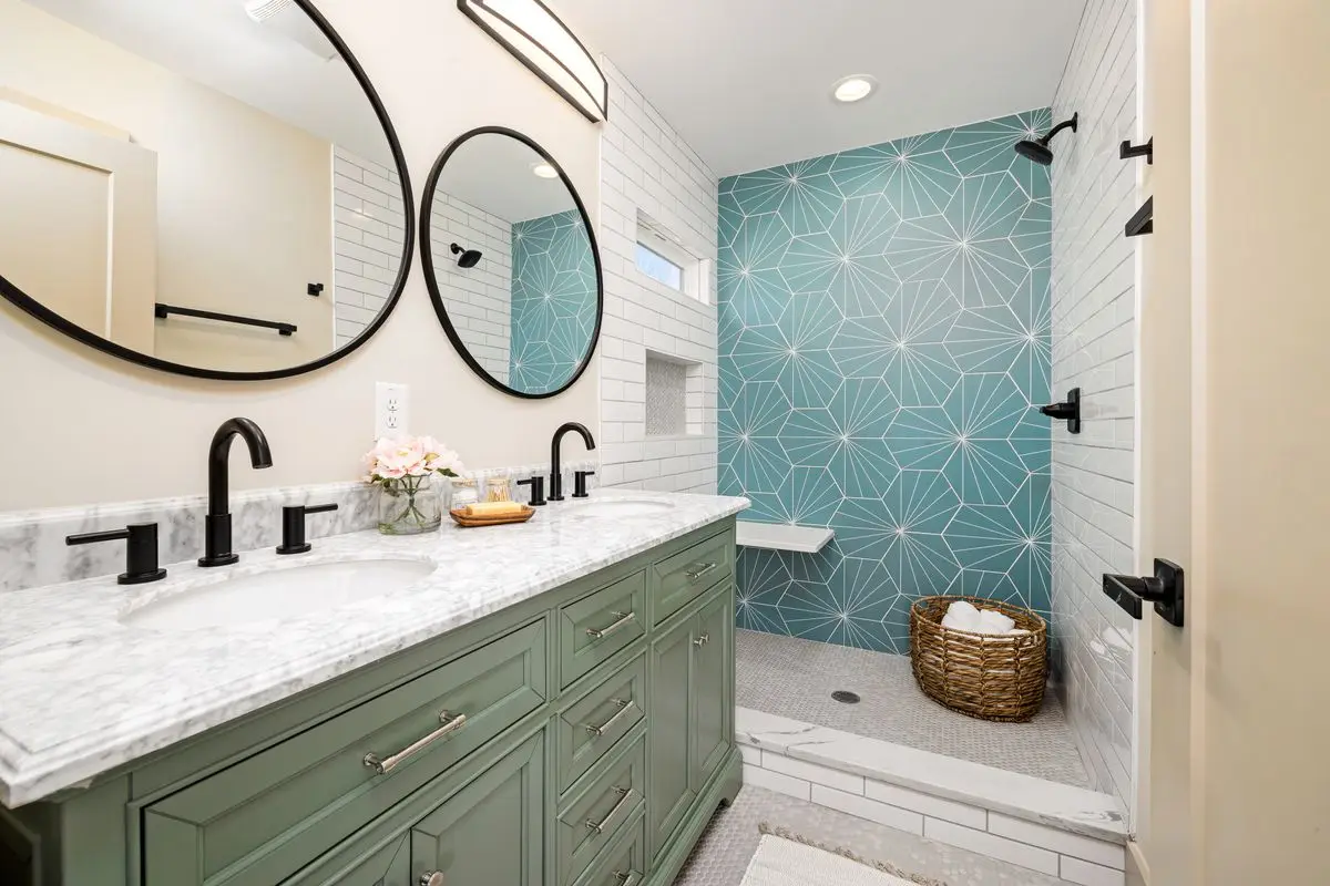 A clean, well-lit residential bathroom. Arlington.